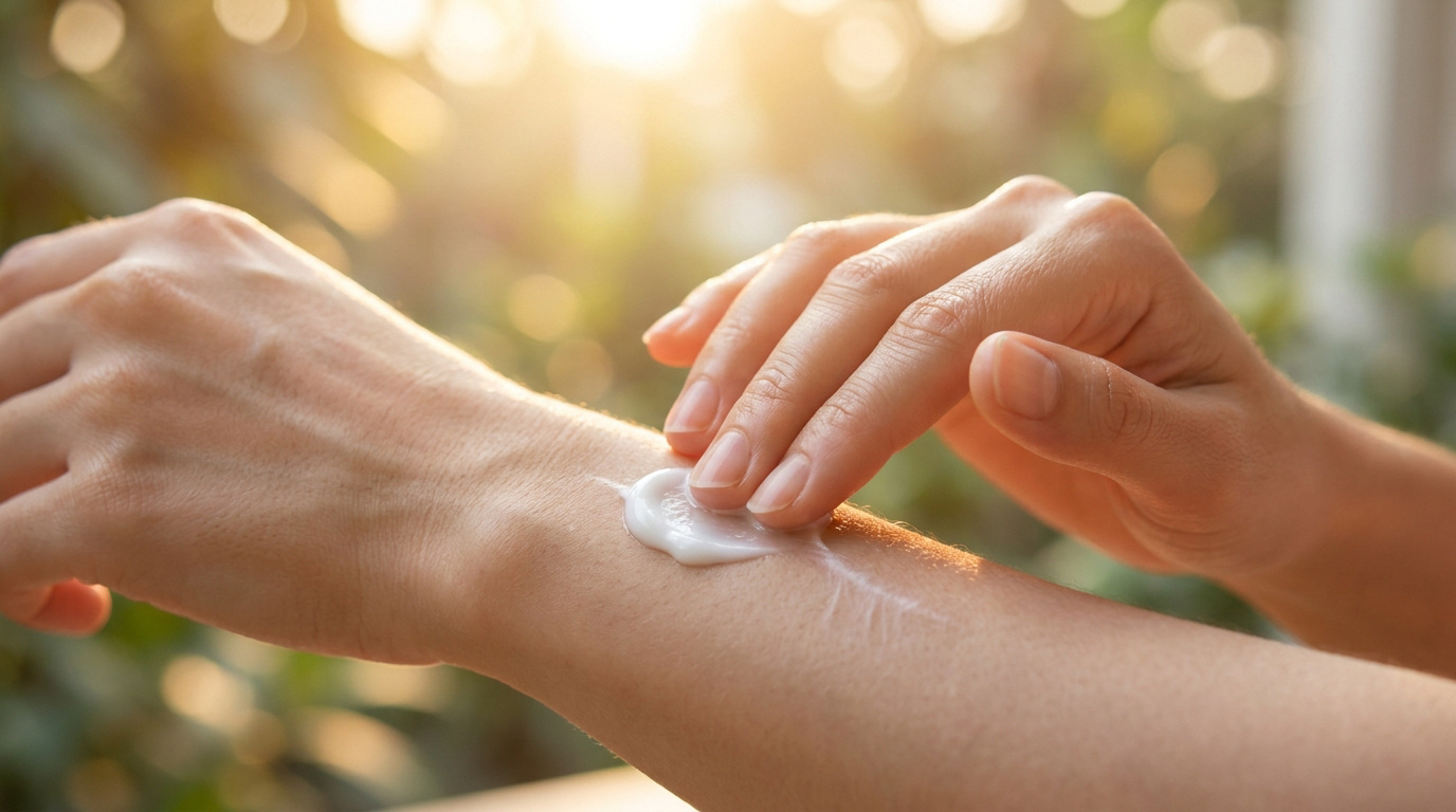Gros plan sur une main appliquant une crème blanche sur un avant-bras, une cicatrice visible, sous une lumière chaude et naturelle.